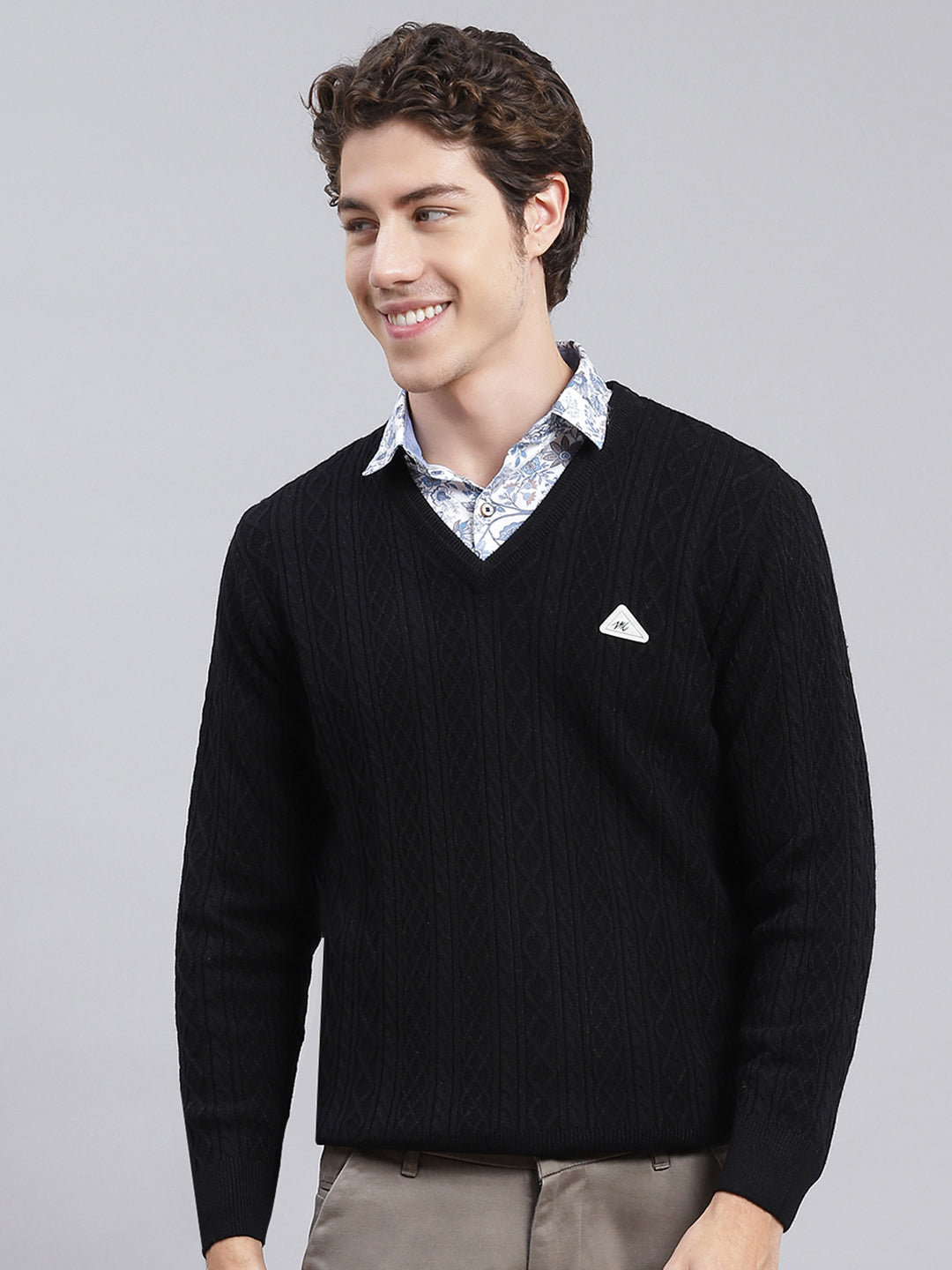 Men Black Self Design Wool blend Pullover