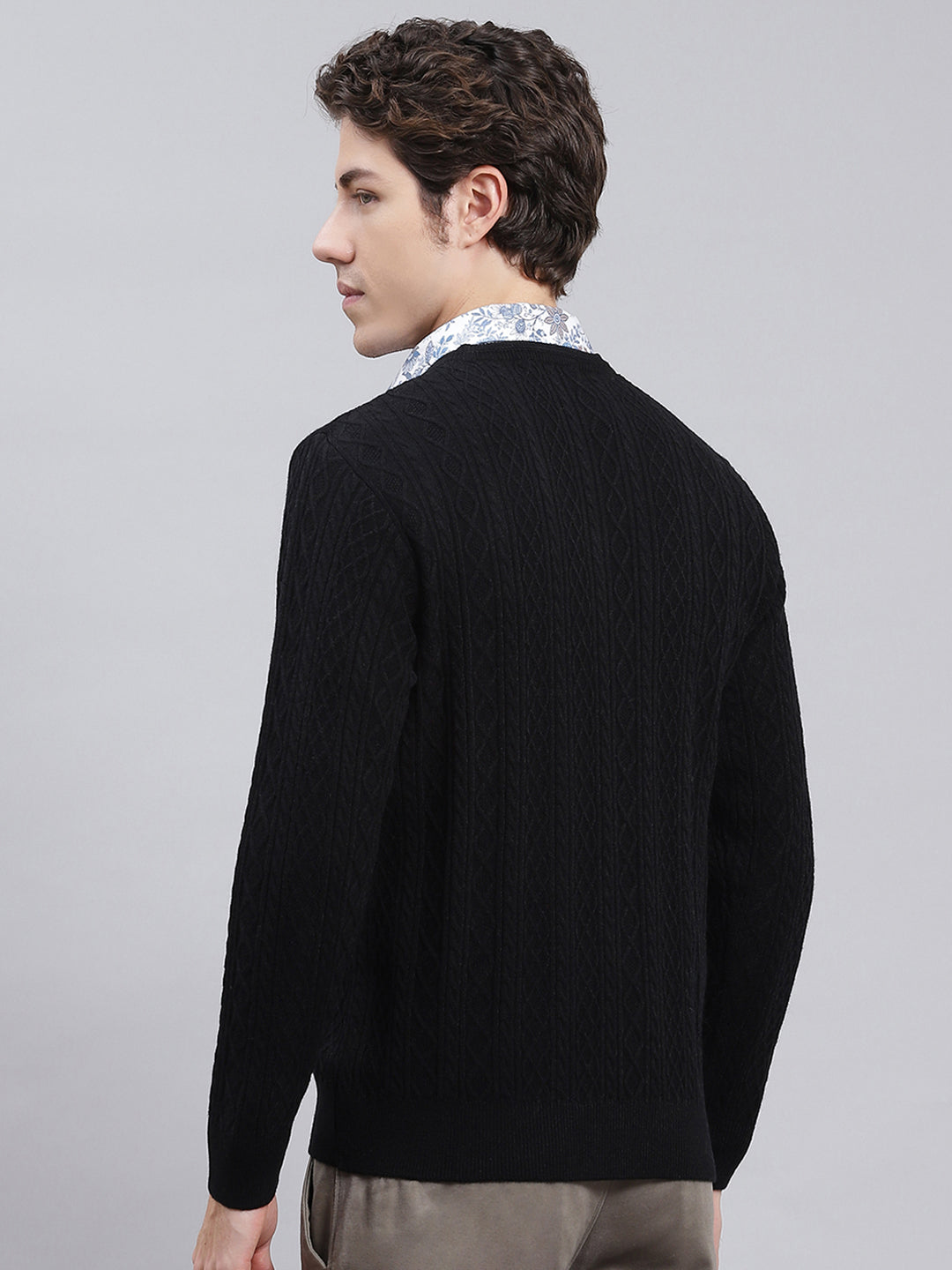 Men Black Self Design Wool blend Pullover