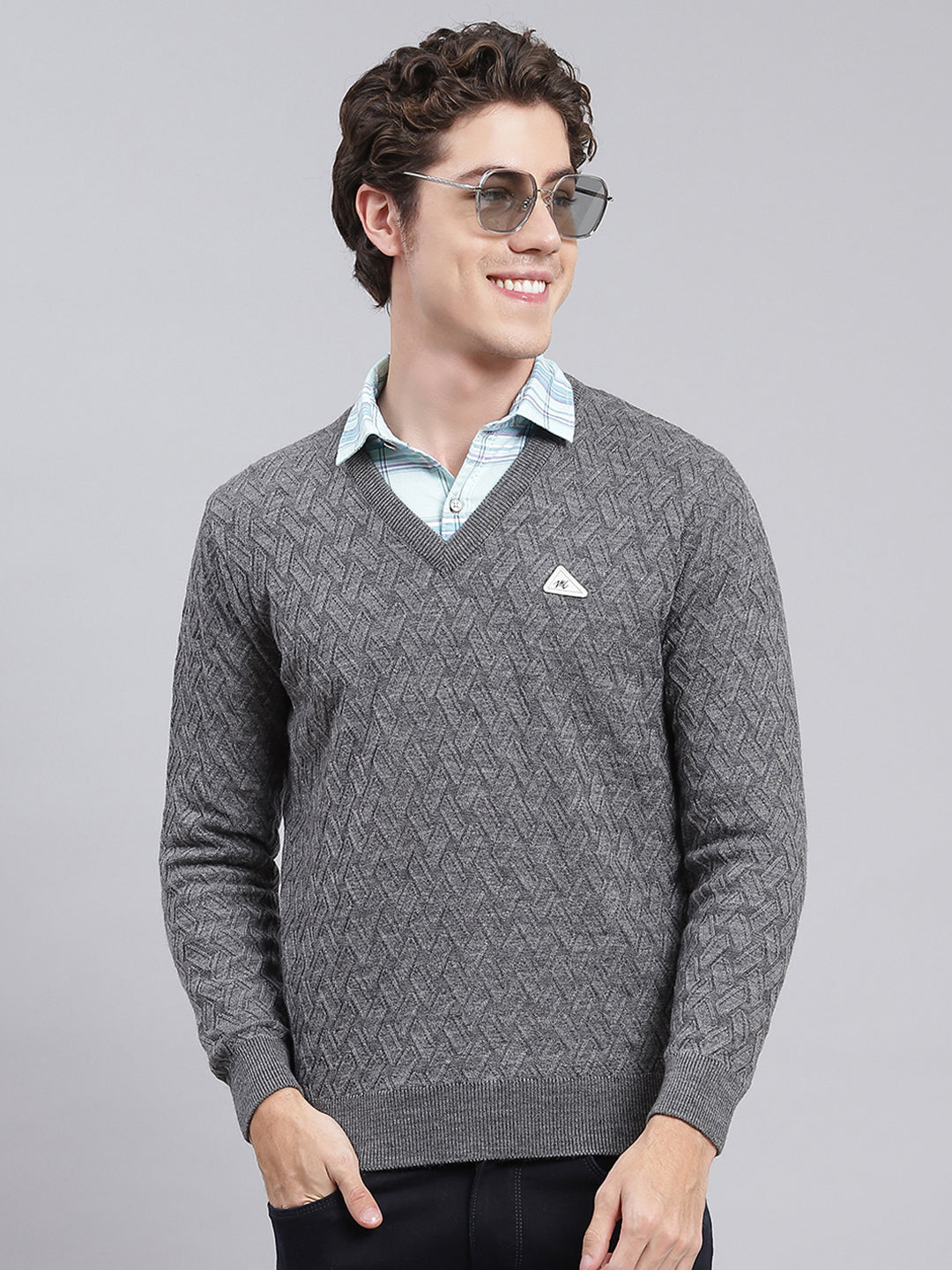 Men Grey Self Design Wool blend Pullover