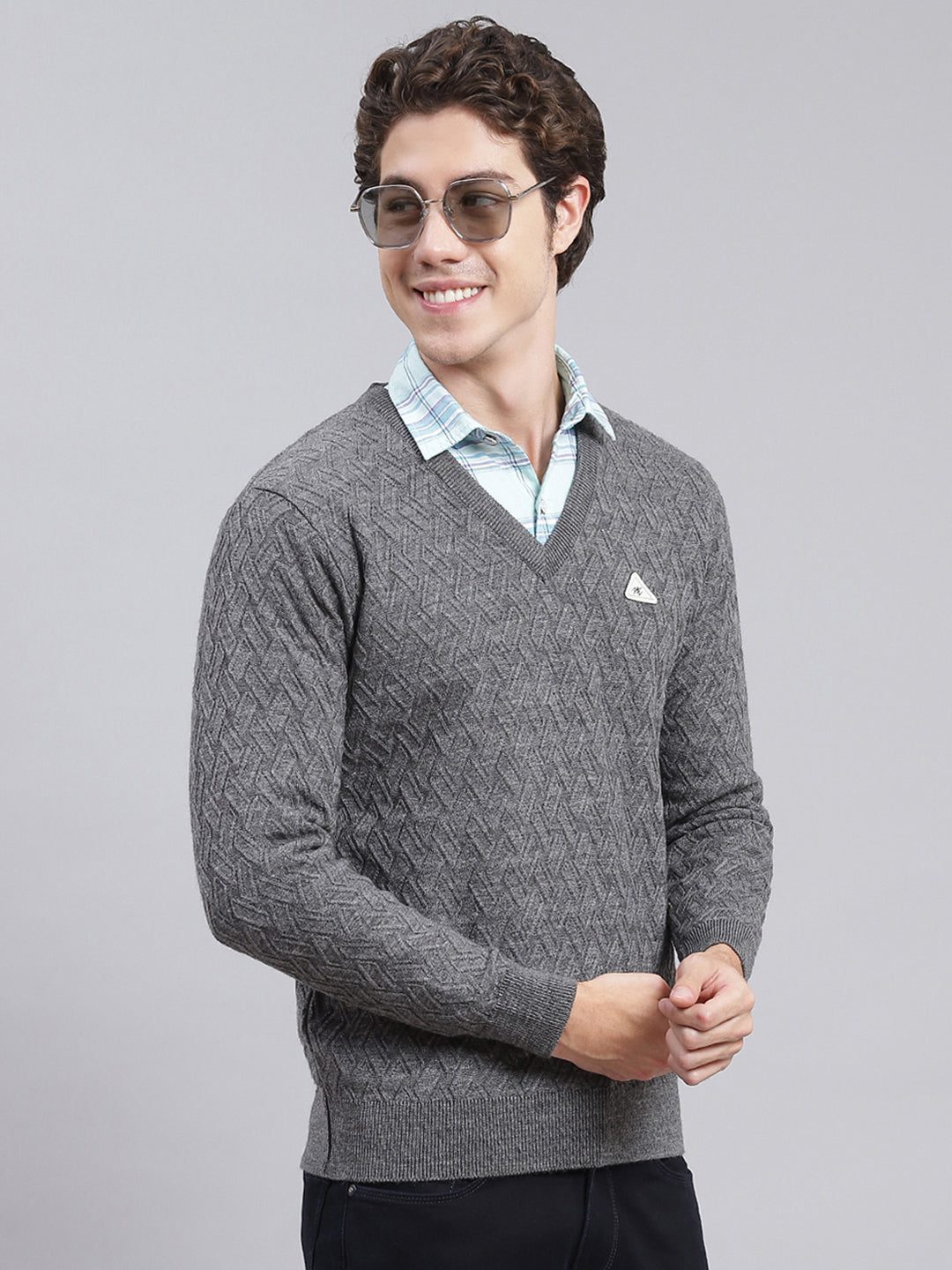 Men Grey Self Design Wool blend Pullover