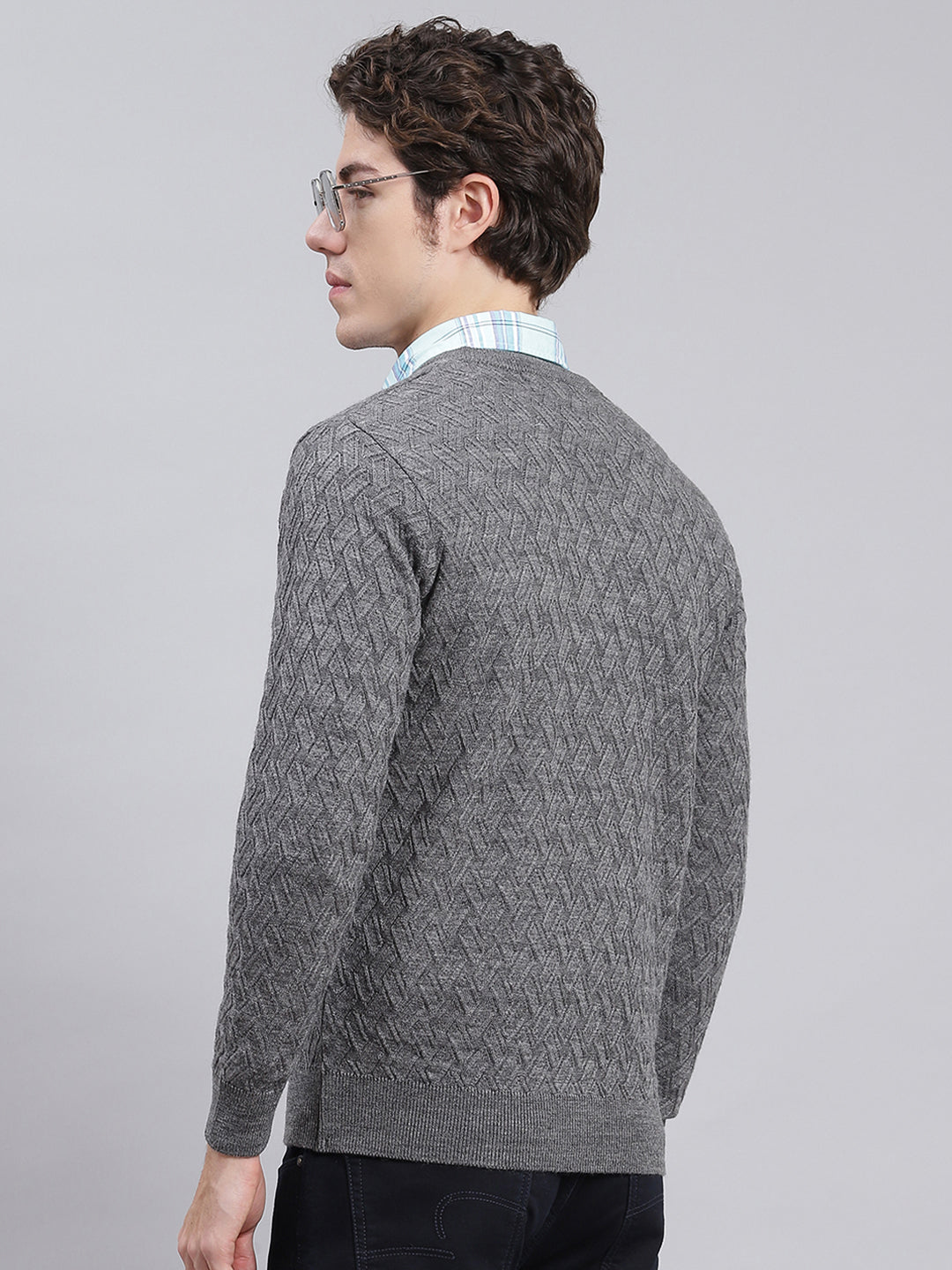 Men Grey Self Design Wool blend Pullover