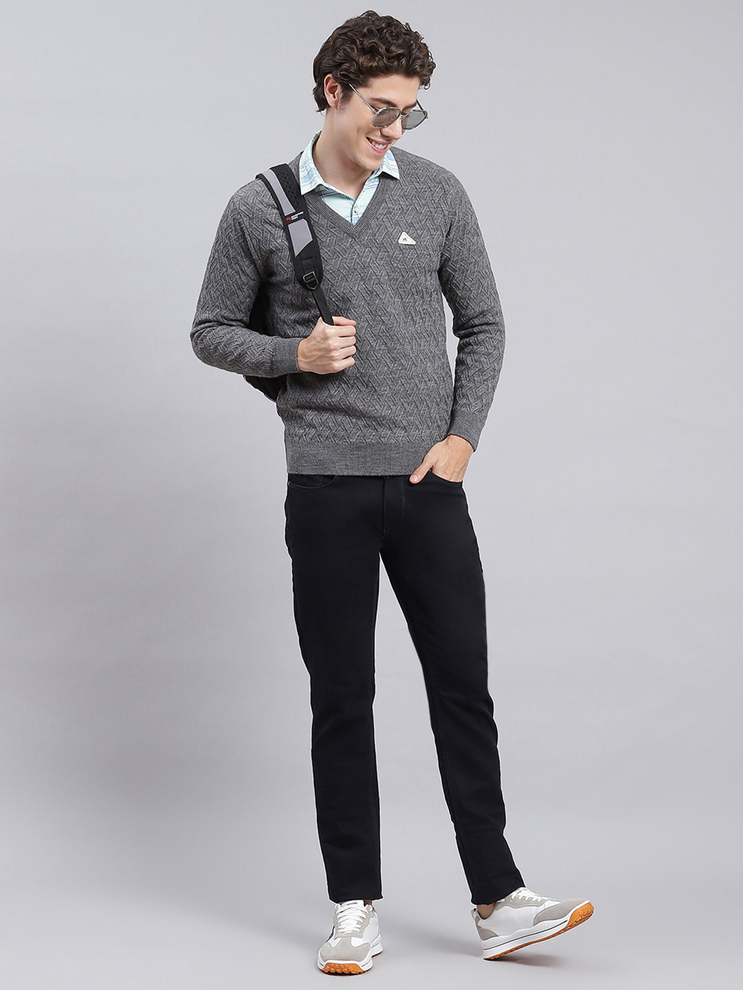 Men Grey Self Design Wool blend Pullover