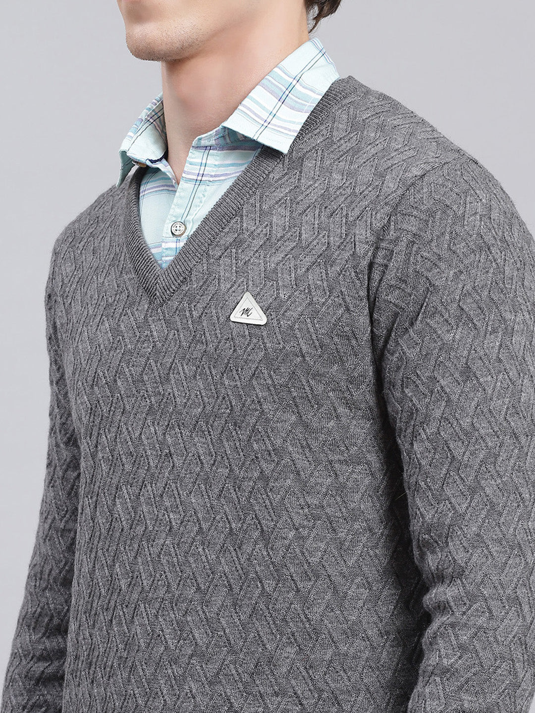 Men Grey Self Design Wool blend Pullover