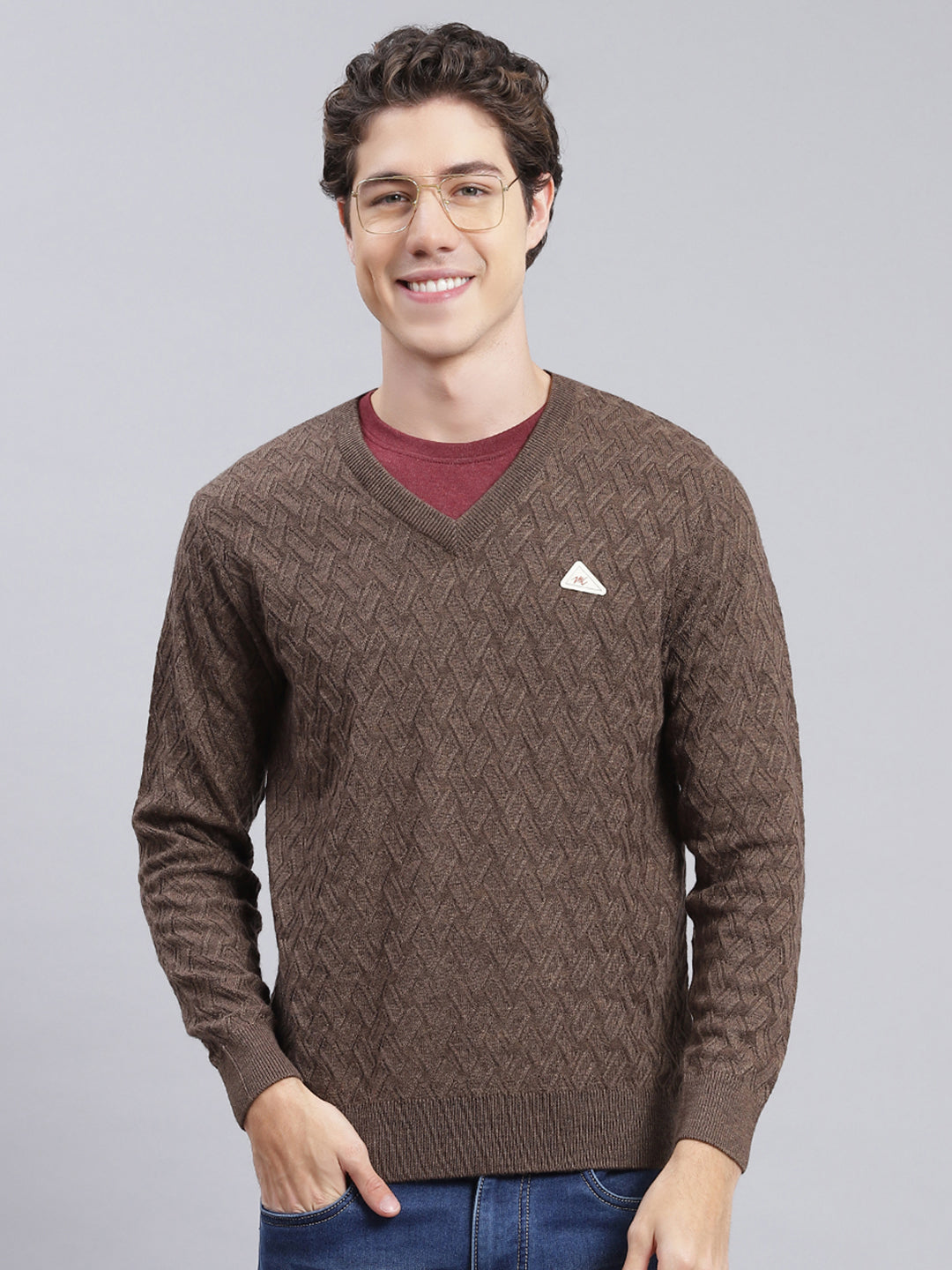 Men Brown Self Design Wool blend Pullover