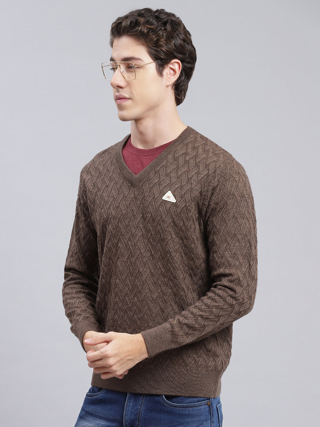 Men Brown Self Design Wool blend Pullover