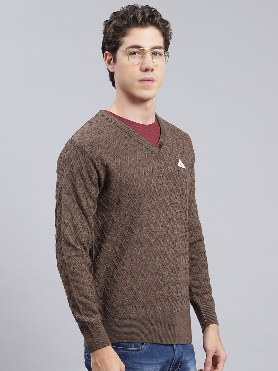 Men Brown Self Design Wool blend Pullover