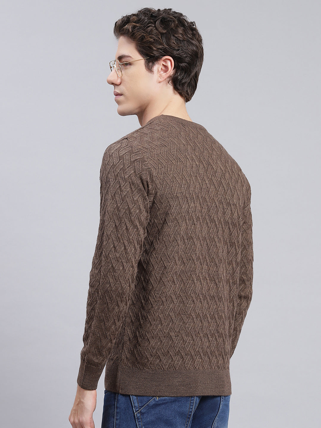 Men Brown Self Design Wool blend Pullover