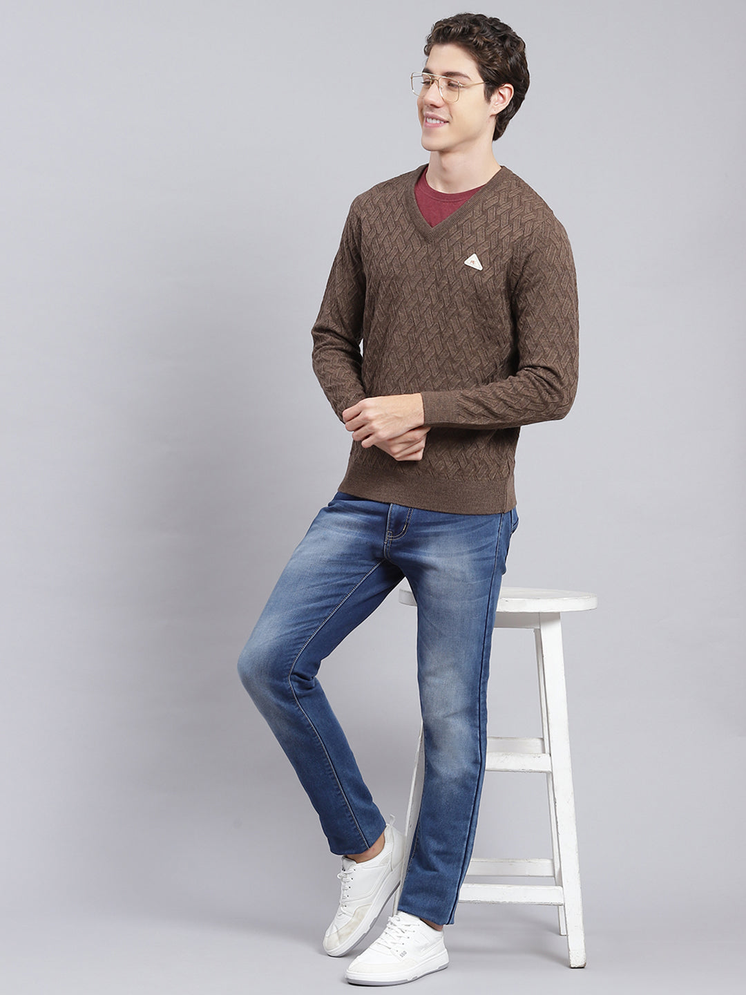 Men Brown Self Design Wool blend Pullover