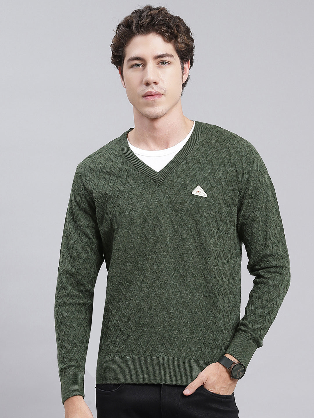 Men Green Self Design Wool blend Pullover