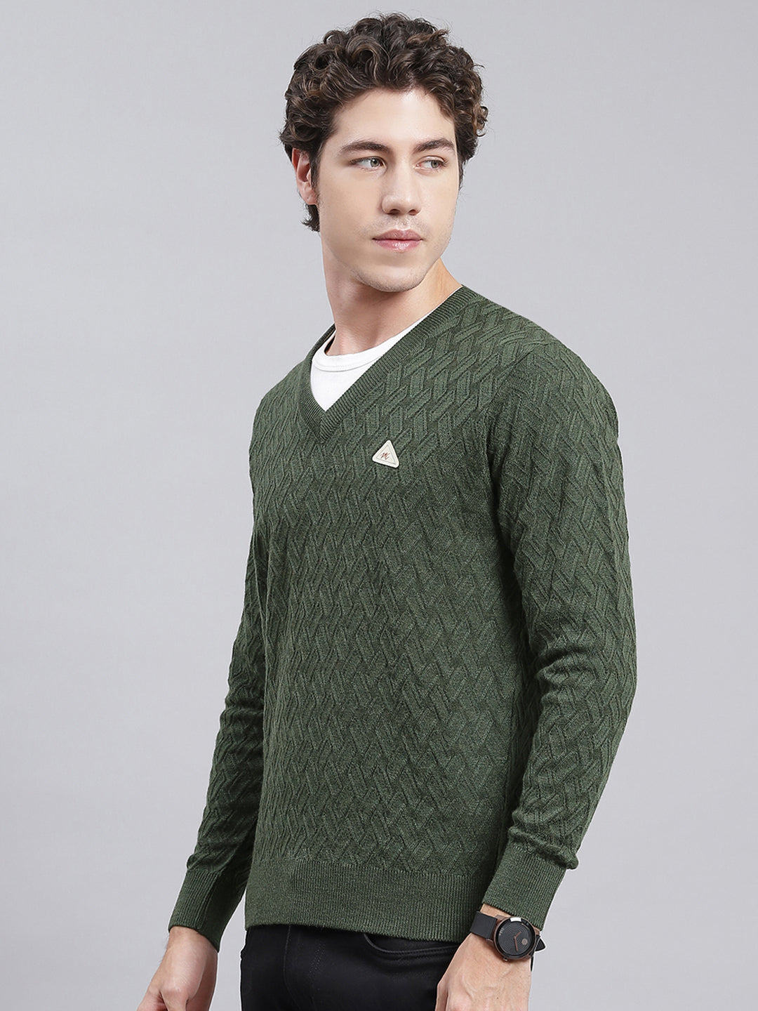 Men Green Self Design Wool blend Pullover