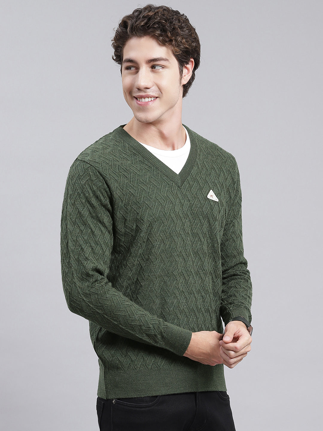 Men Green Self Design Wool blend Pullover