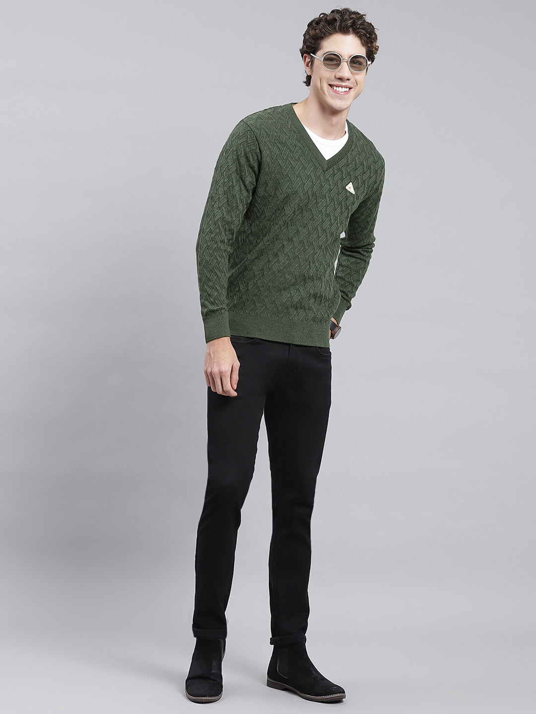 Men Green Self Design Wool blend Pullover