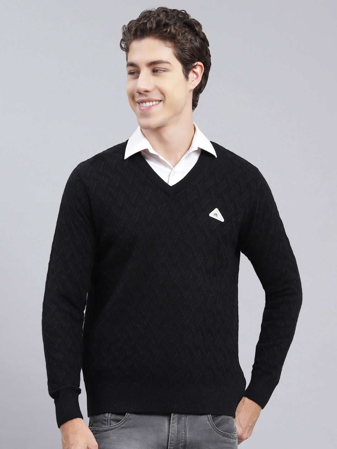 Men Black Self Design Wool blend Pullover