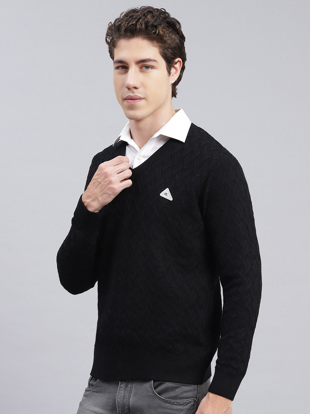 Men Black Self Design Wool blend Pullover