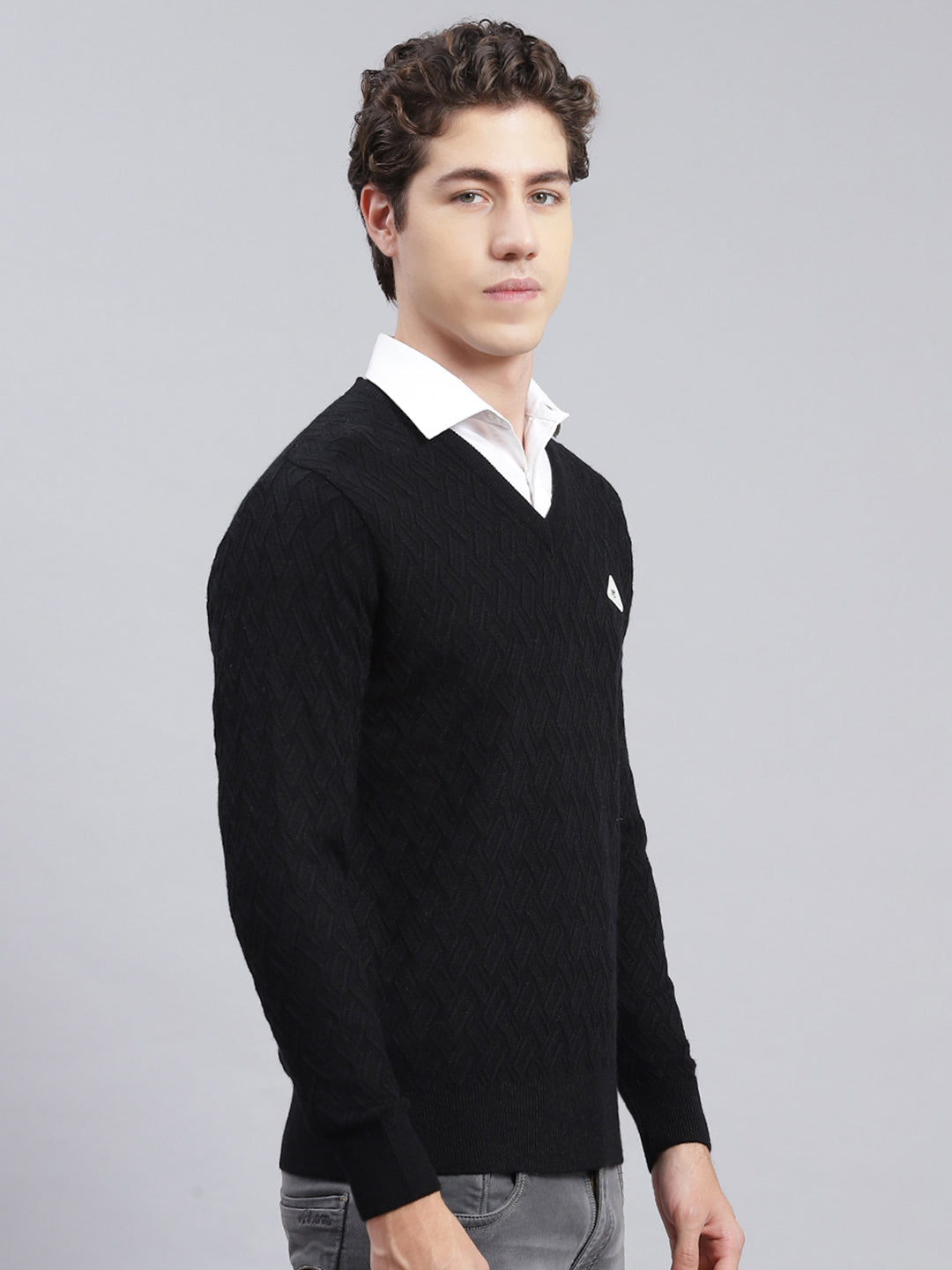 Men Black Self Design Wool blend Pullover