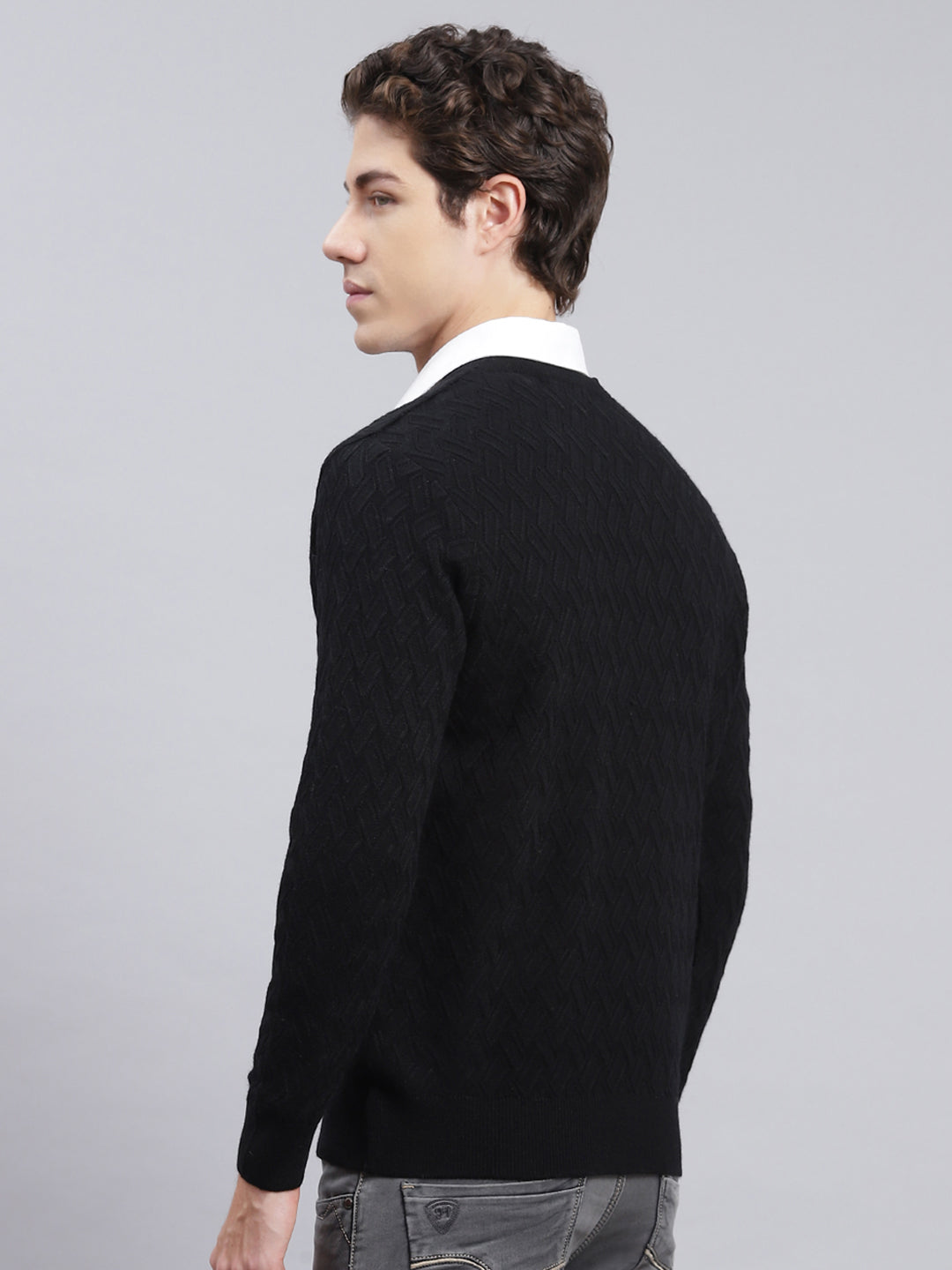 Men Black Self Design Wool blend Pullover