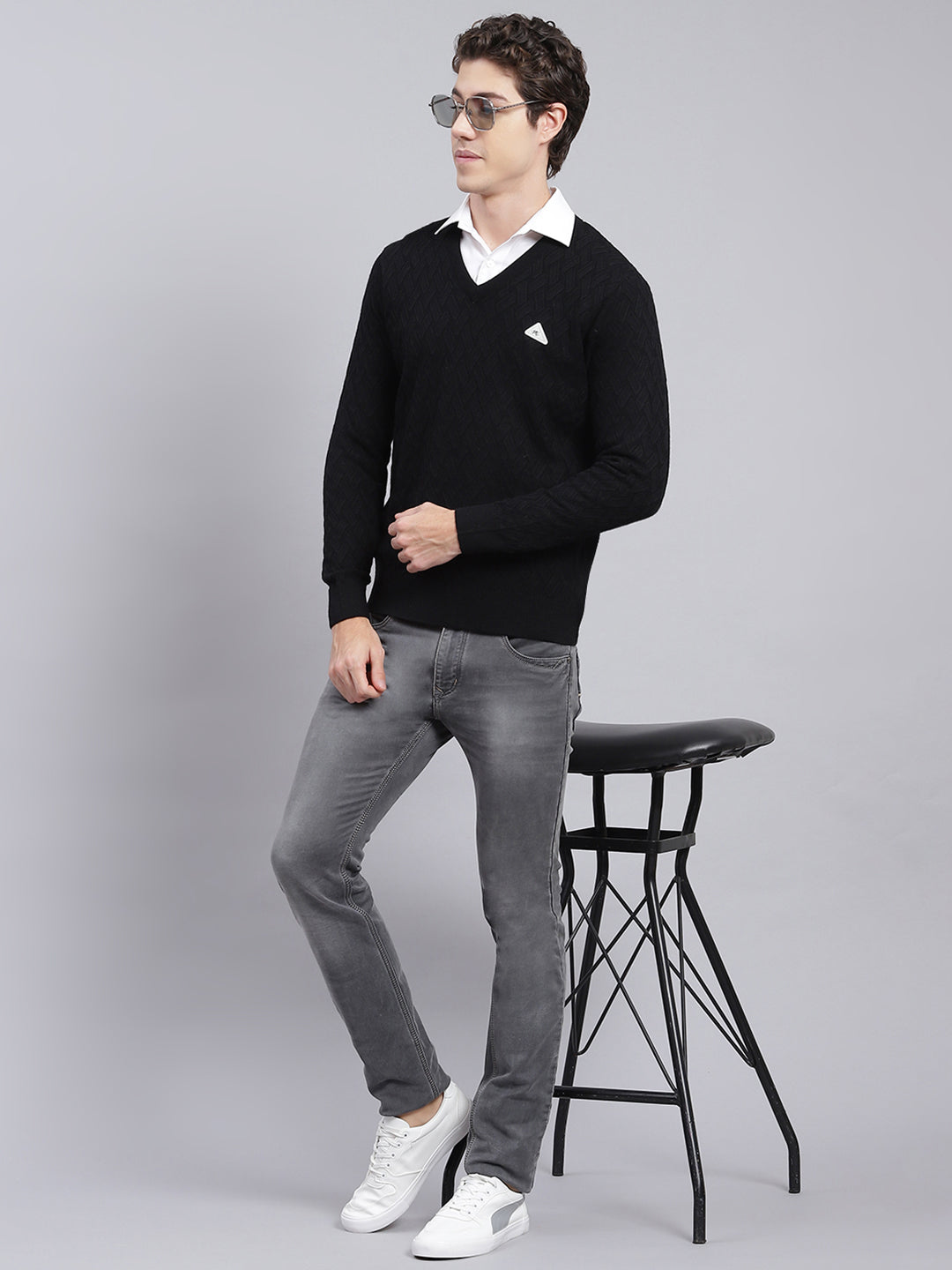 Men Black Self Design Wool blend Pullover