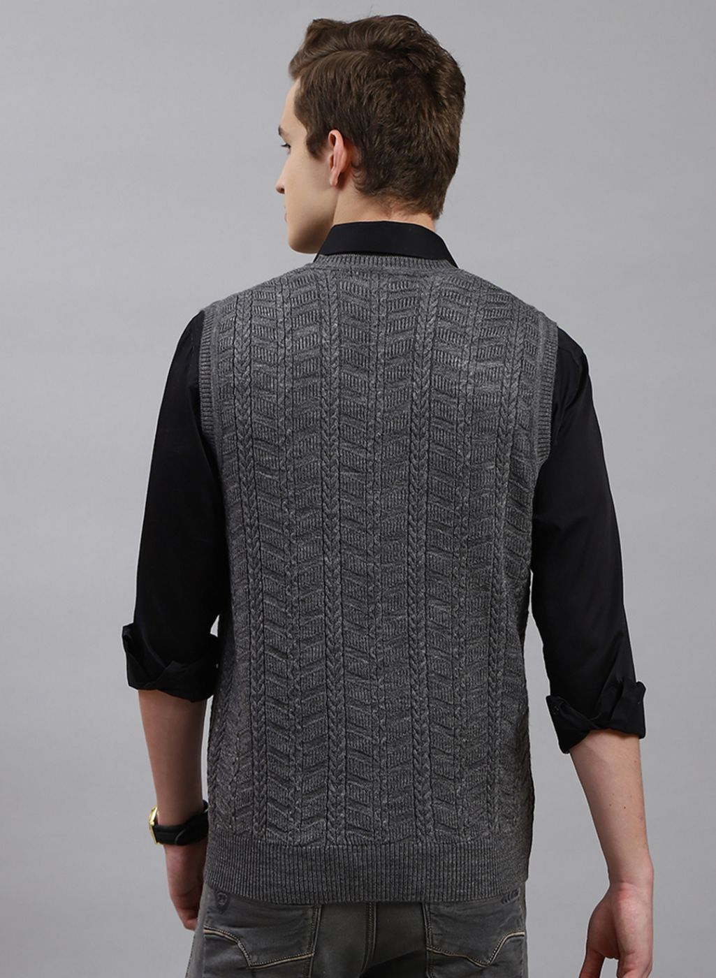 Men Grey Self Design Wool blend Sweater