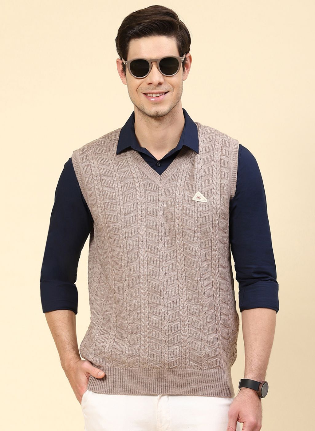 Men Beige Self Design Wool blend Sweater