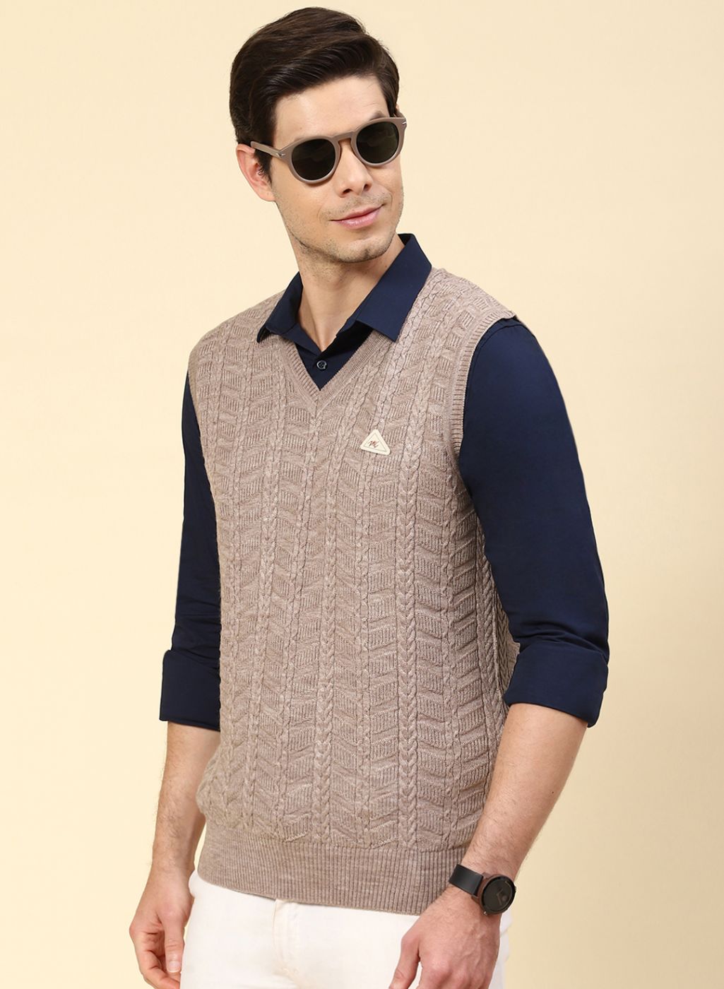 Men Beige Self Design Wool blend Sweater