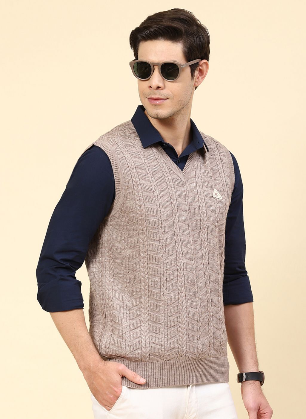 Men Beige Self Design Wool blend Sweater