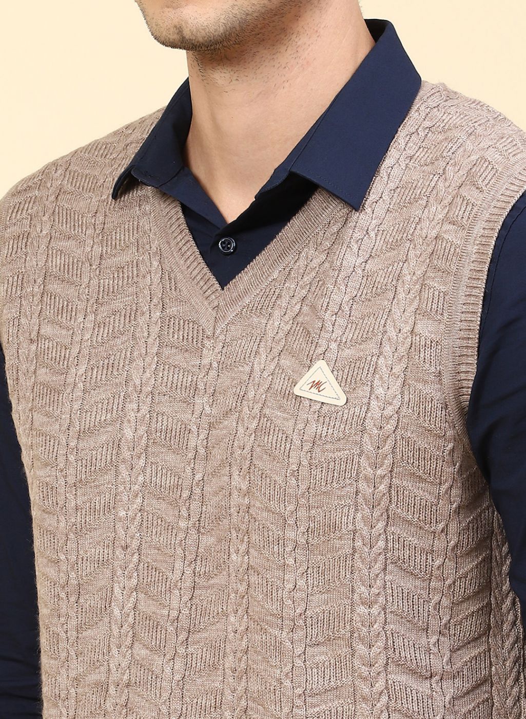 Men Beige Self Design Wool blend Sweater