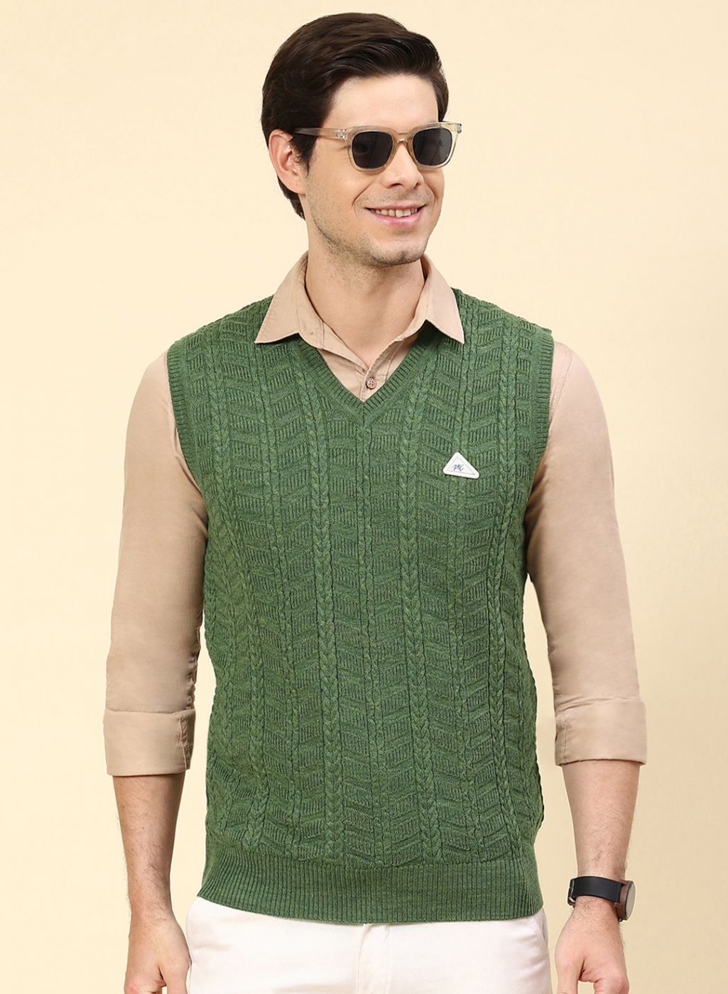 Men Green Self Design Wool blend Sweater