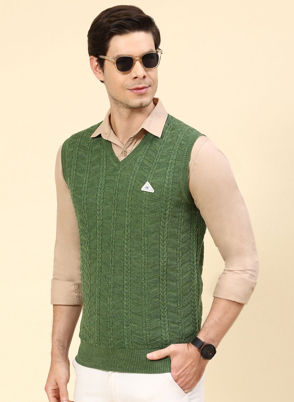 Men Green Self Design Wool blend Sweater