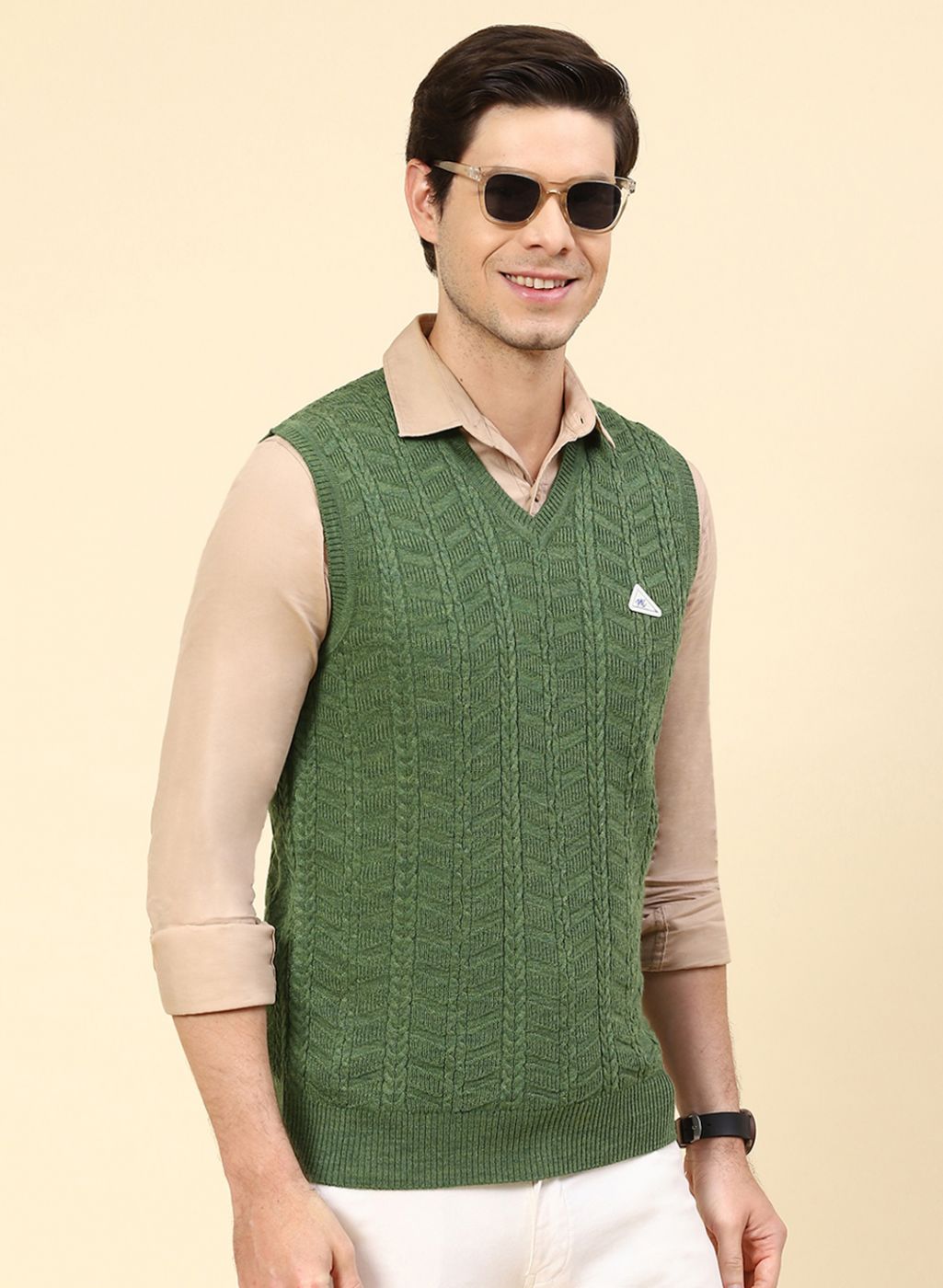 Men Green Self Design Wool blend Sweater