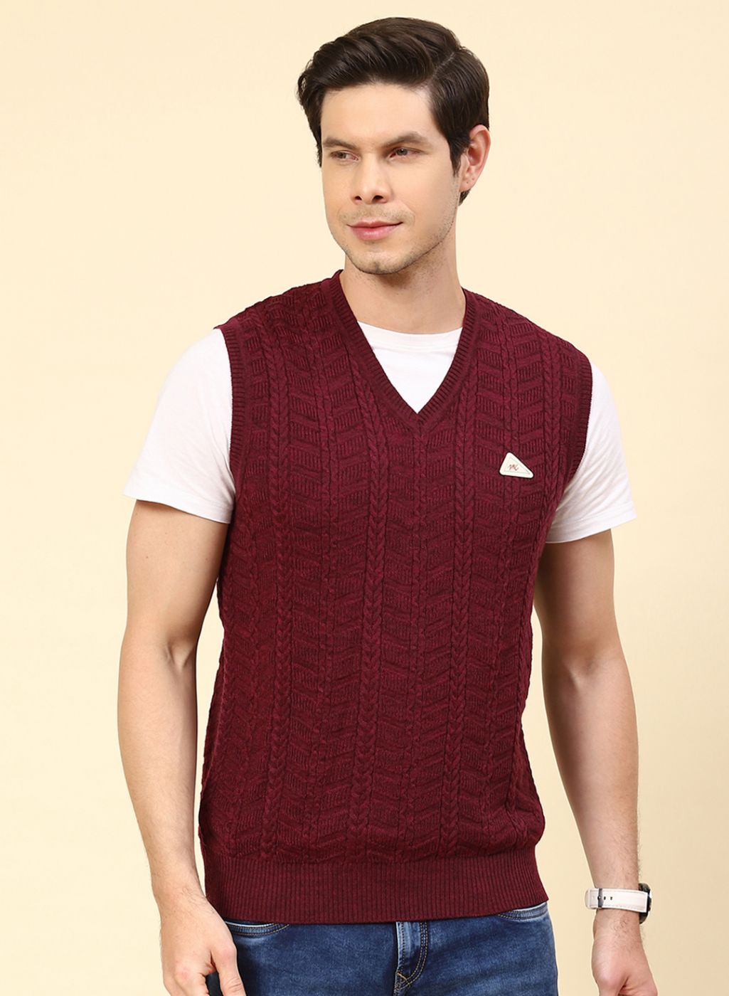 Men Red Self Design Wool blend Sweater