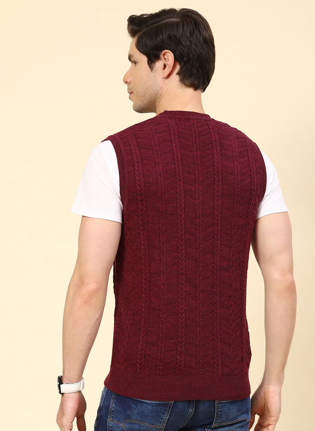 Men Red Self Design Wool blend Sweater