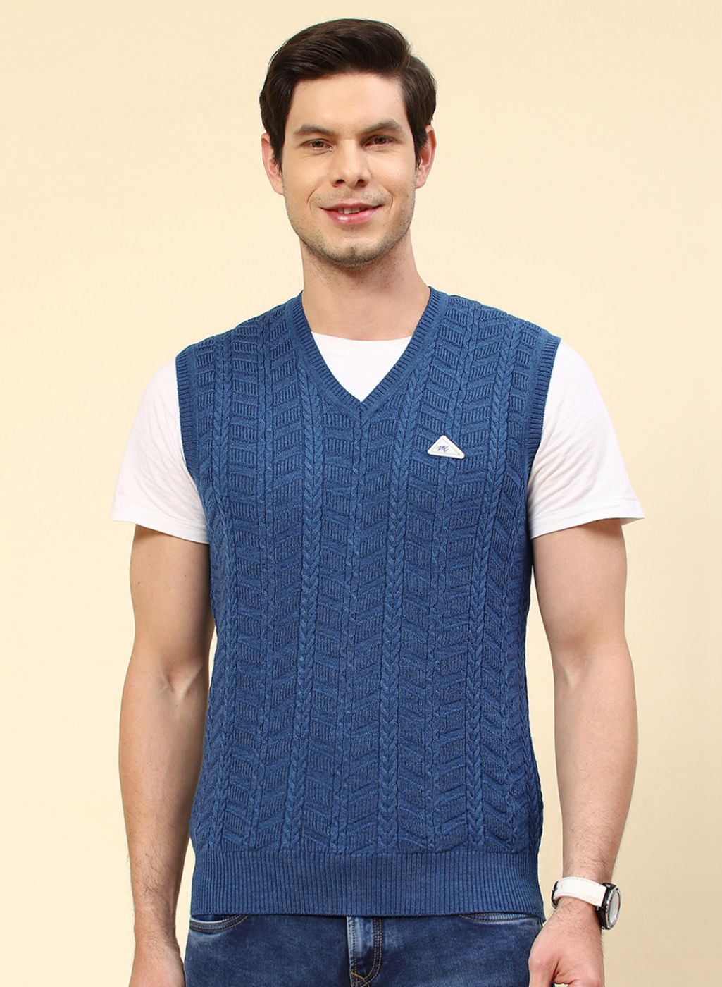 Men NAvy Blue Self Design Wool blend Sweater