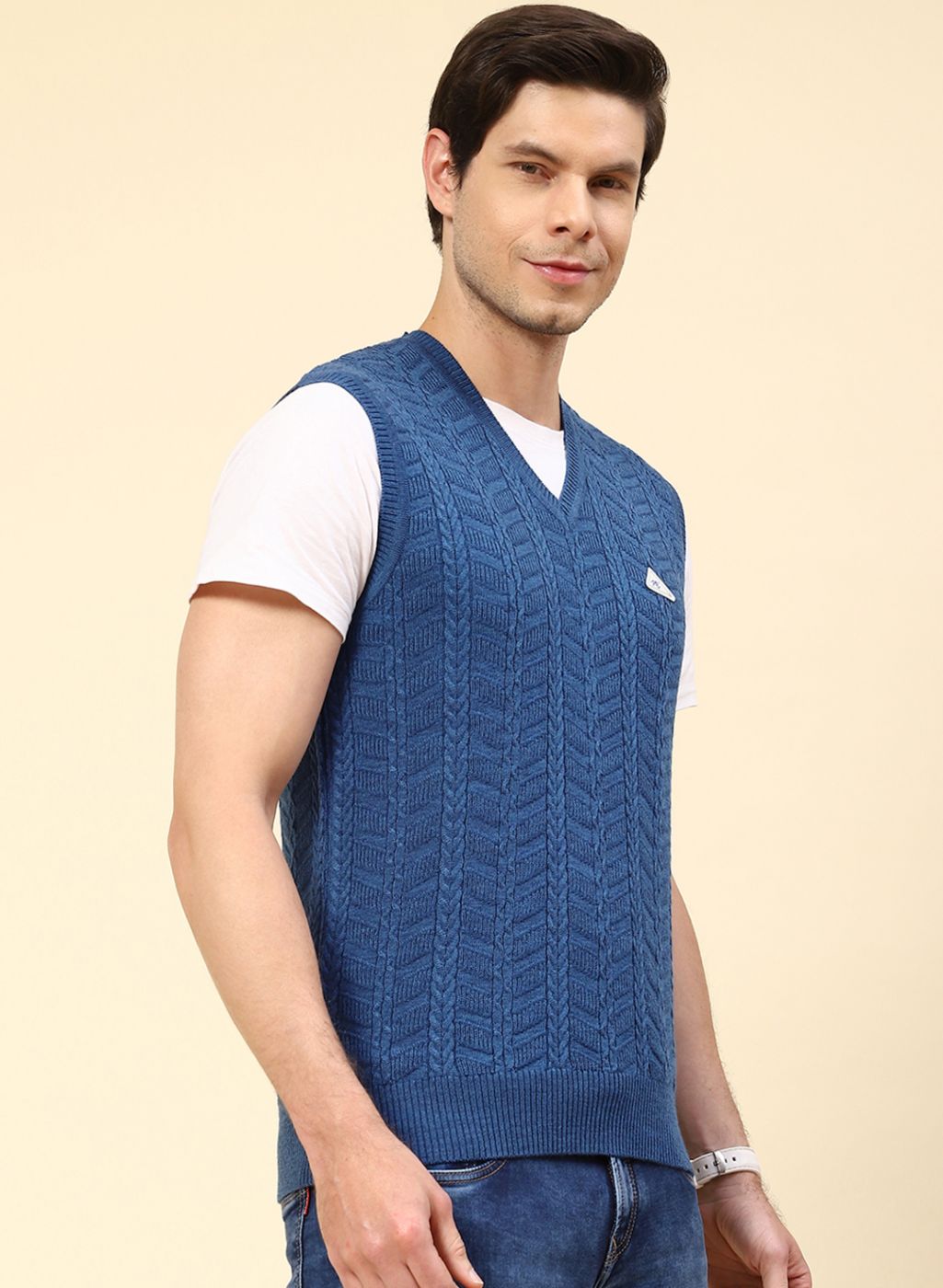 Men NAvy Blue Self Design Wool blend Sweater