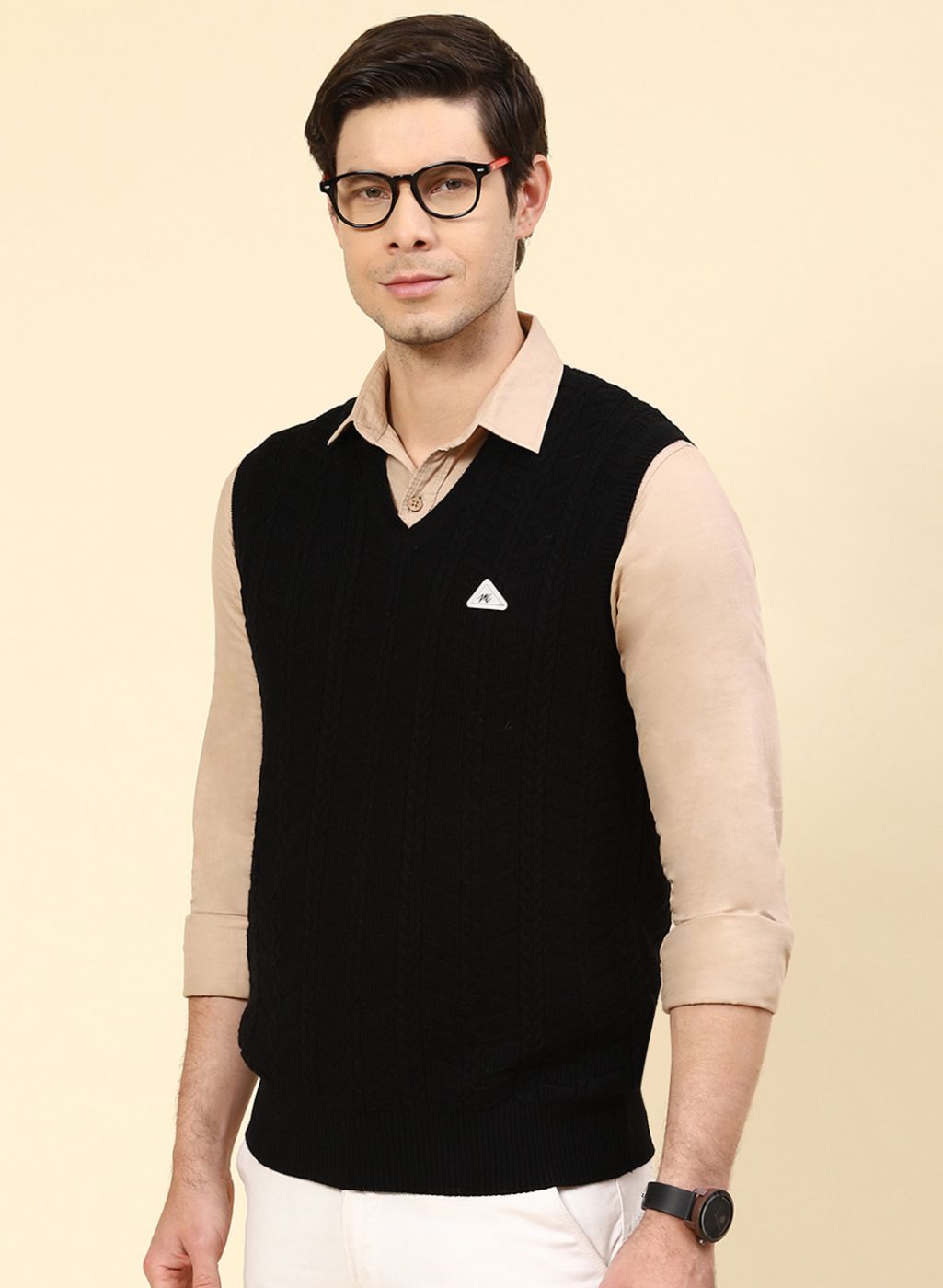 Men Black Self Design Wool blend Sweater