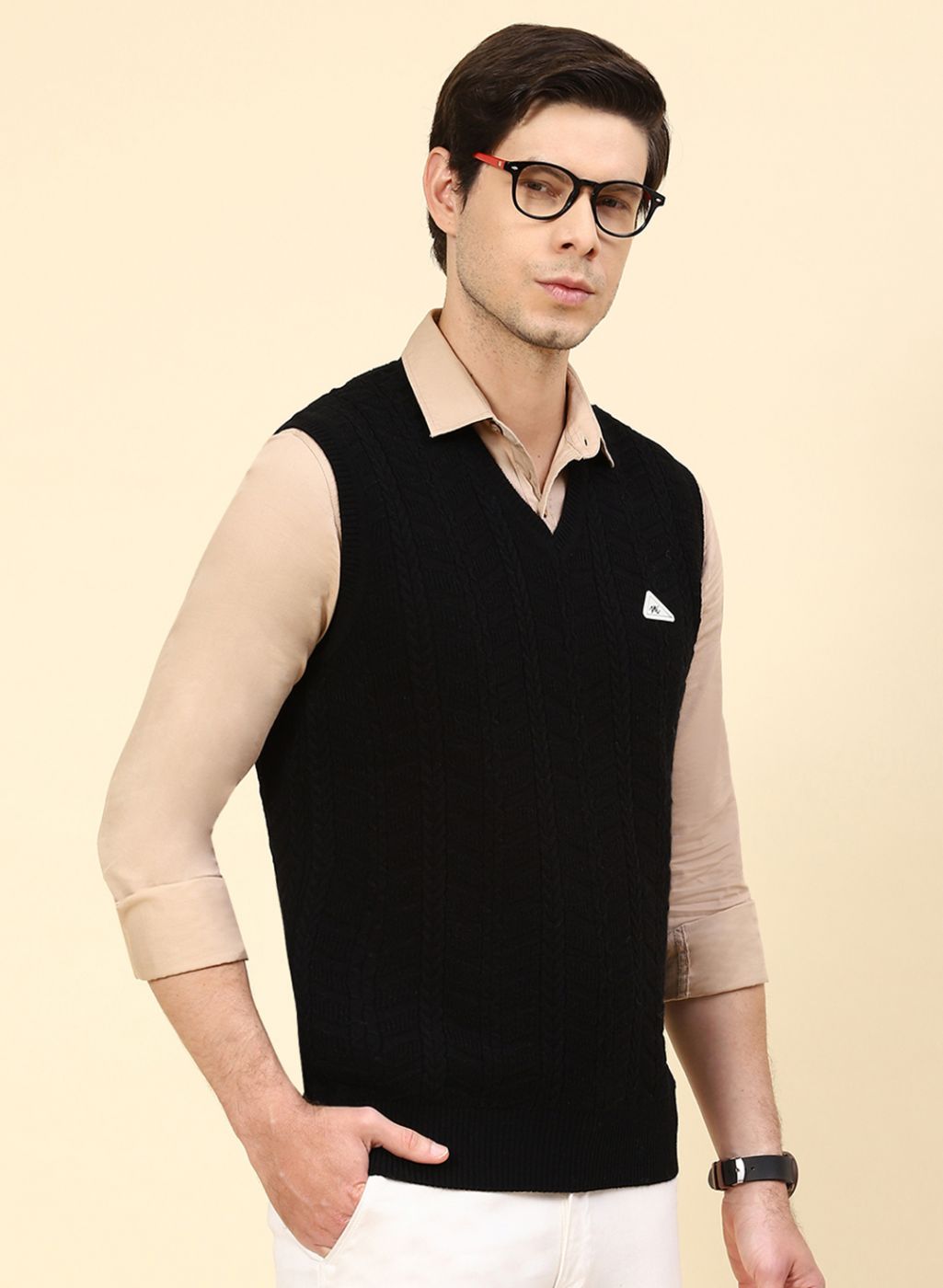 Men Black Self Design Wool blend Sweater