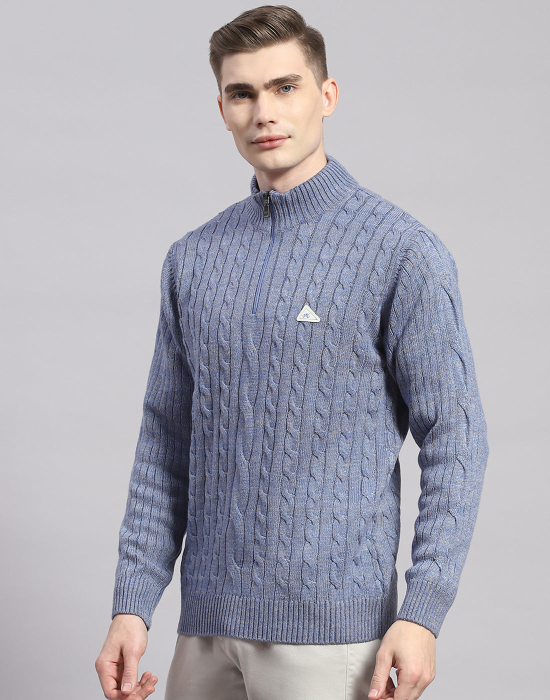 Men Blue Solid H Neck Full Sleeve Pullover