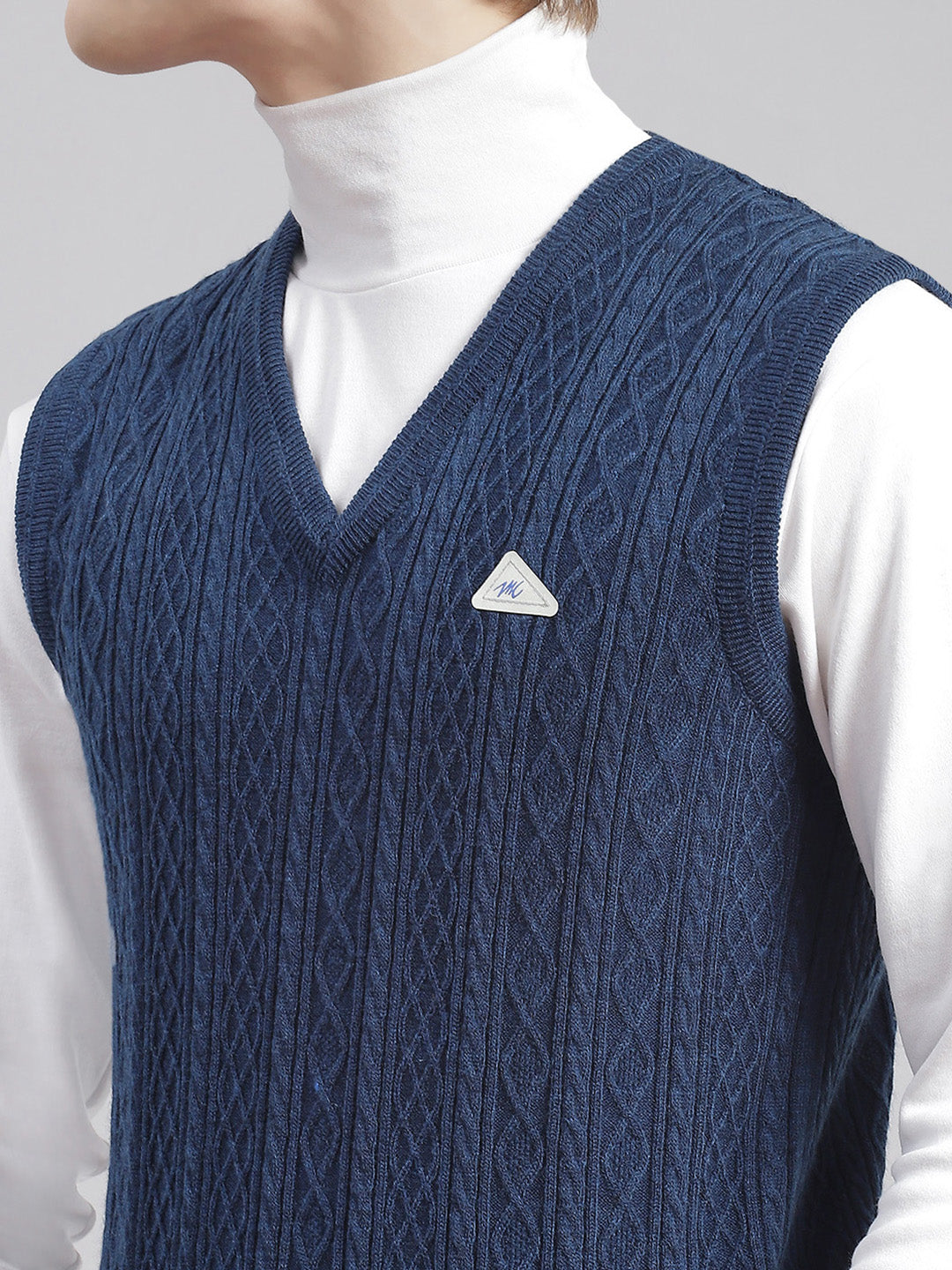 Men Blue Self Design V Neck Sleeveless Sweaters/Pullovers