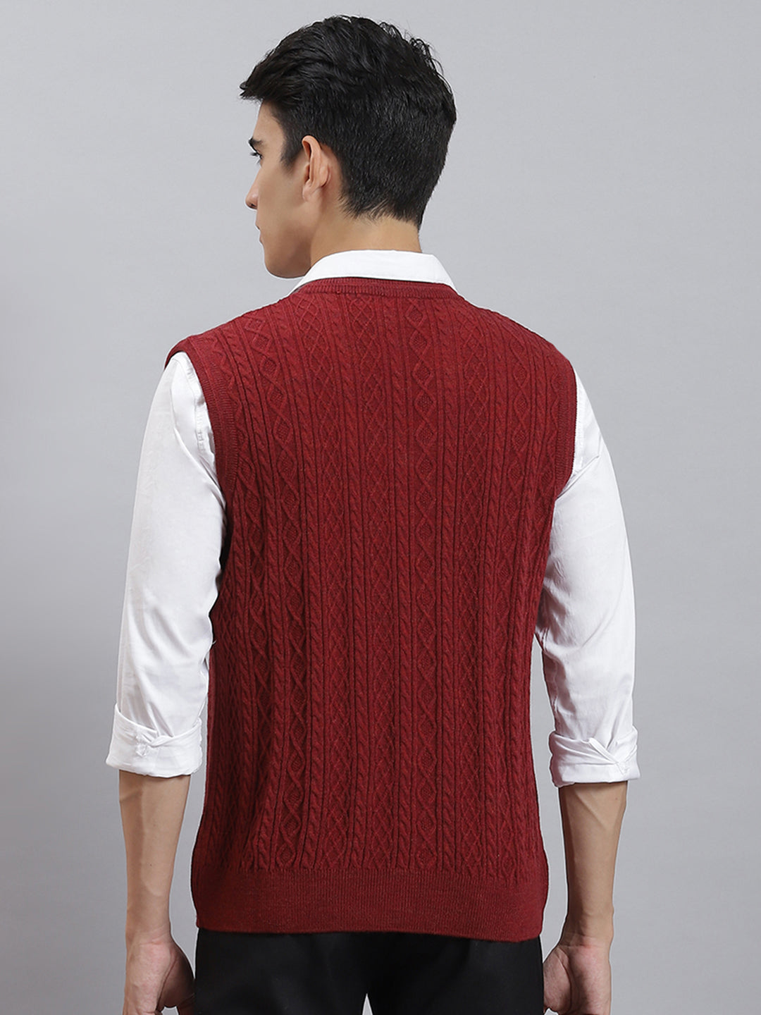 Men Maroon Self Design V Neck Sleeveless Sweaters/Pullovers