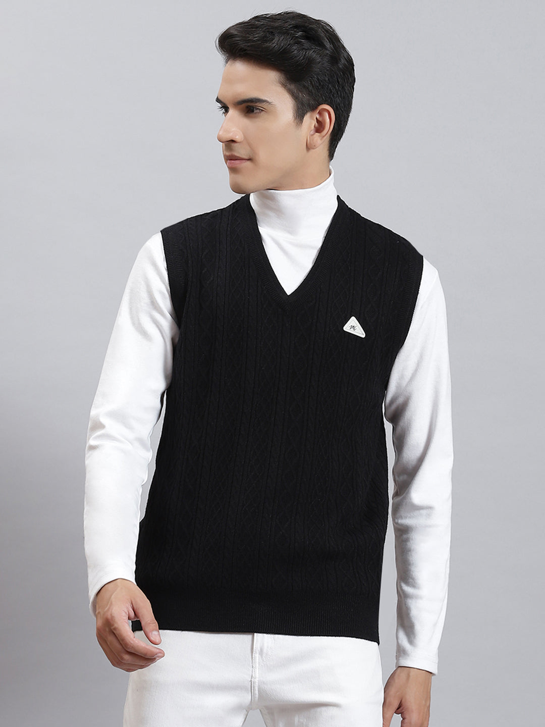 Men Black Self Design V Neck Sleeveless Sweaters/Pullovers