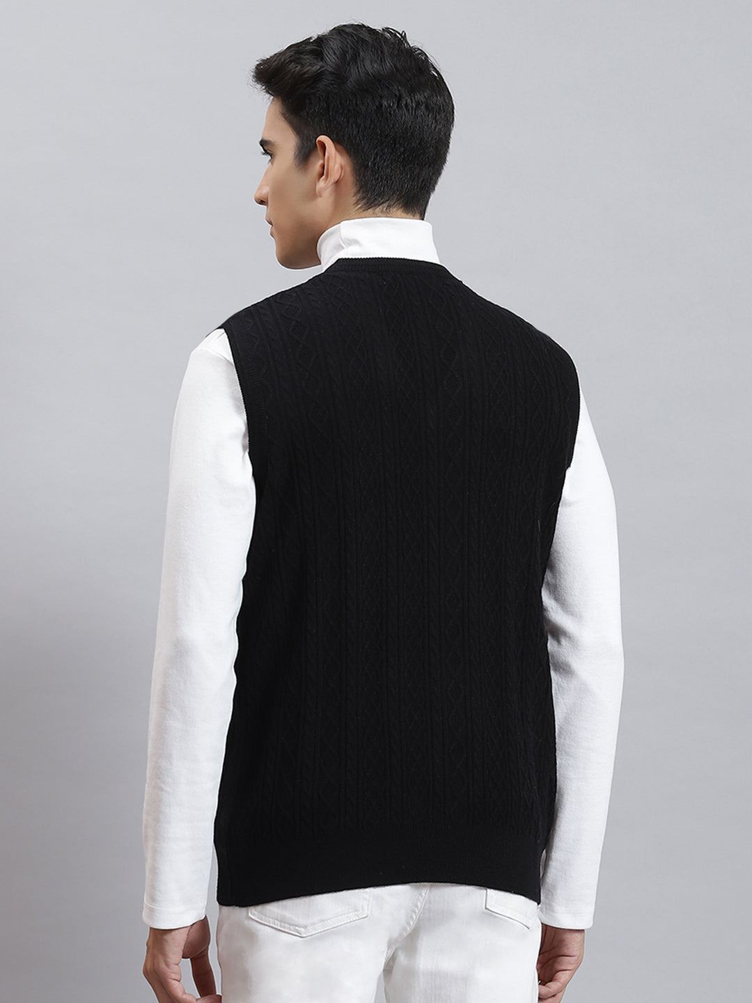 Men Black Self Design V Neck Sleeveless Sweaters/Pullovers