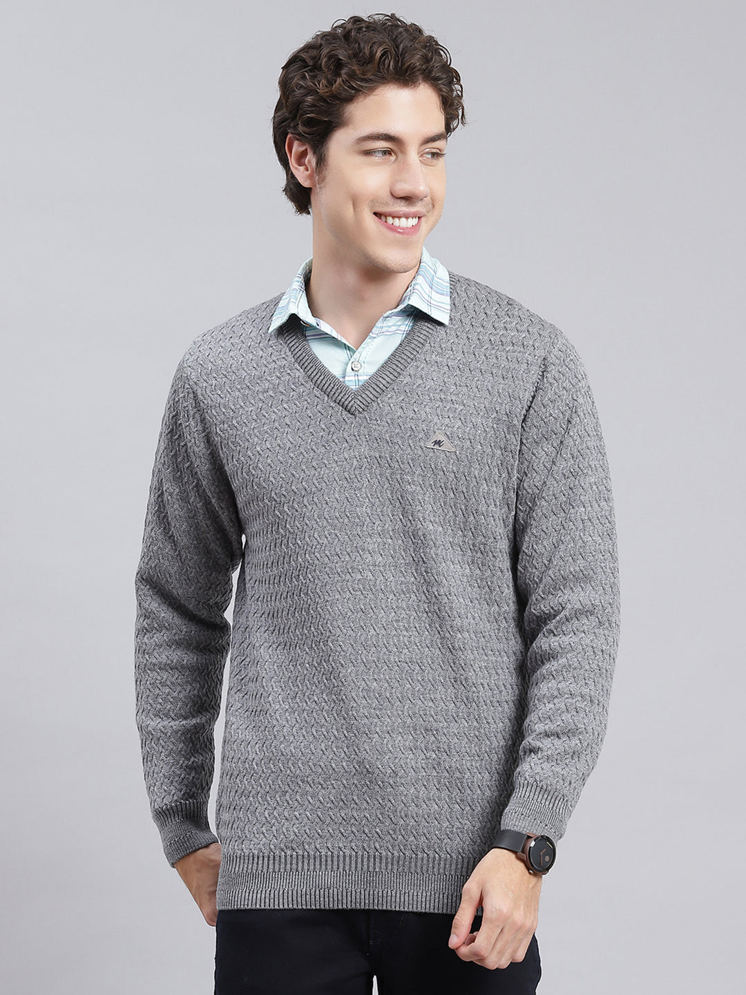 Men Grey Self Design Pure wool Pullover