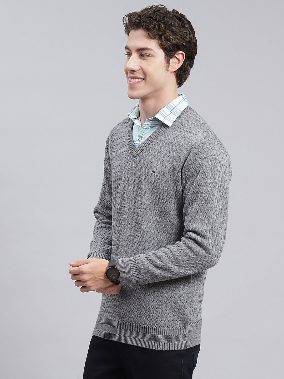 Men Grey Self Design Pure wool Pullover