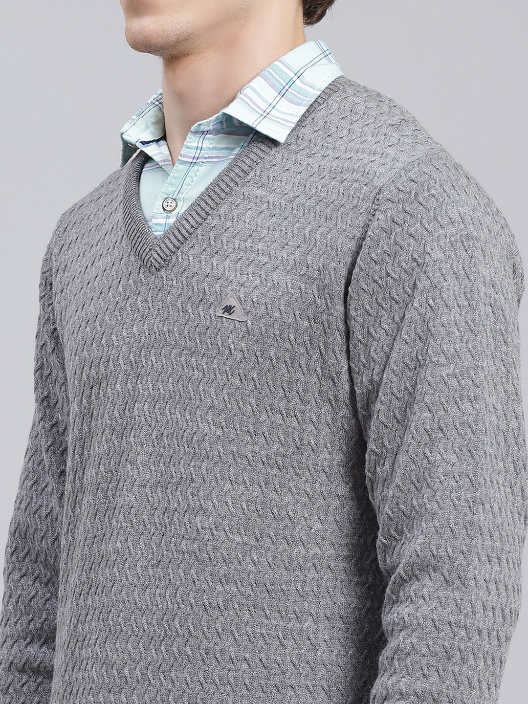 Men Grey Self Design Pure wool Pullover