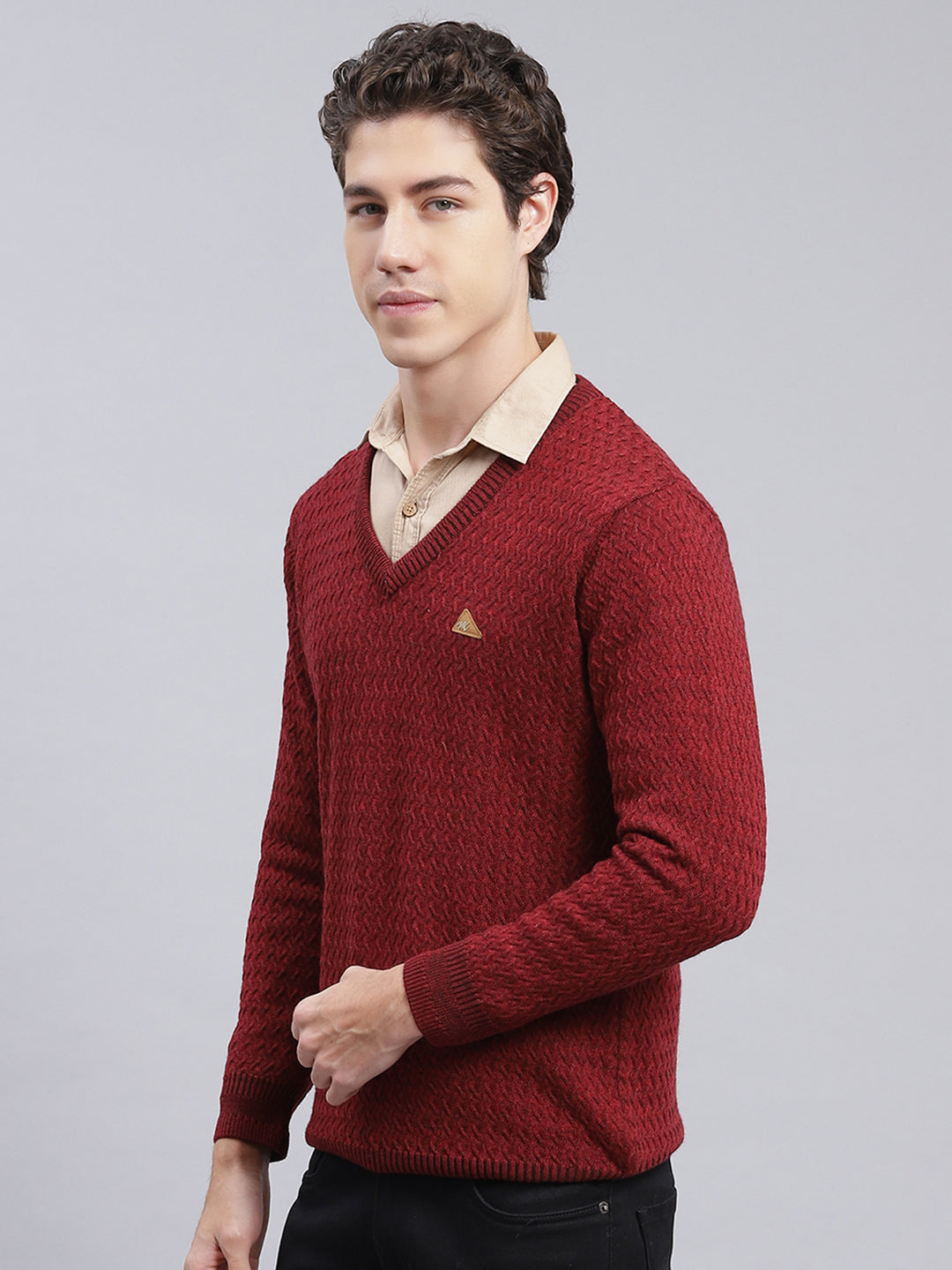 Men Maroon Self Design Pure wool Pullover