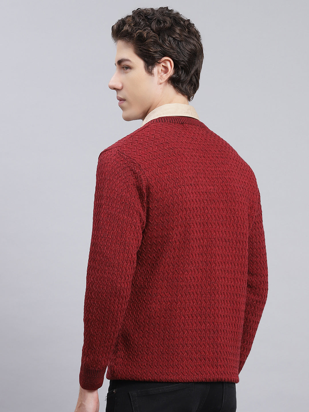 Men Maroon Self Design Pure wool Pullover