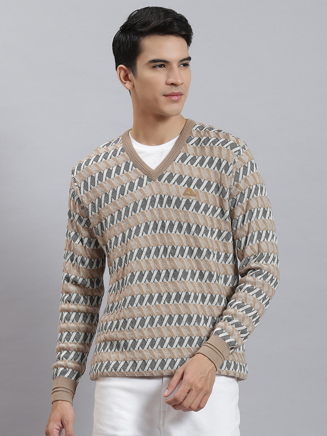 Men Camel Brown Self Design V Neck Full Sleeve Sweaters/Pullovers