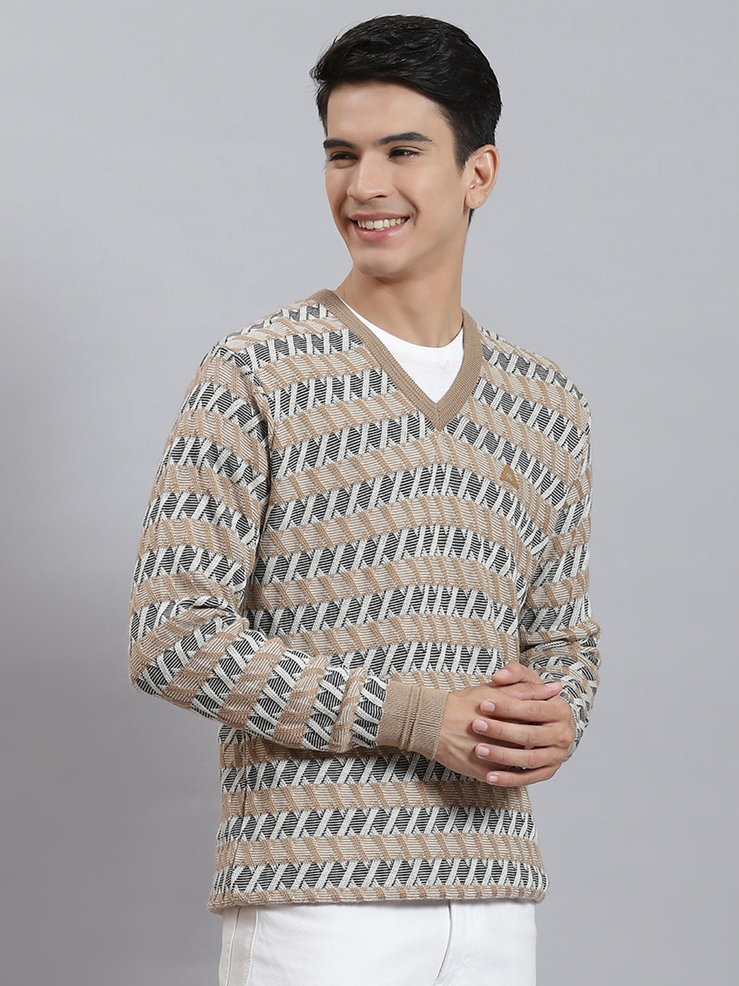 Men Camel Brown Self Design V Neck Full Sleeve Sweaters/Pullovers