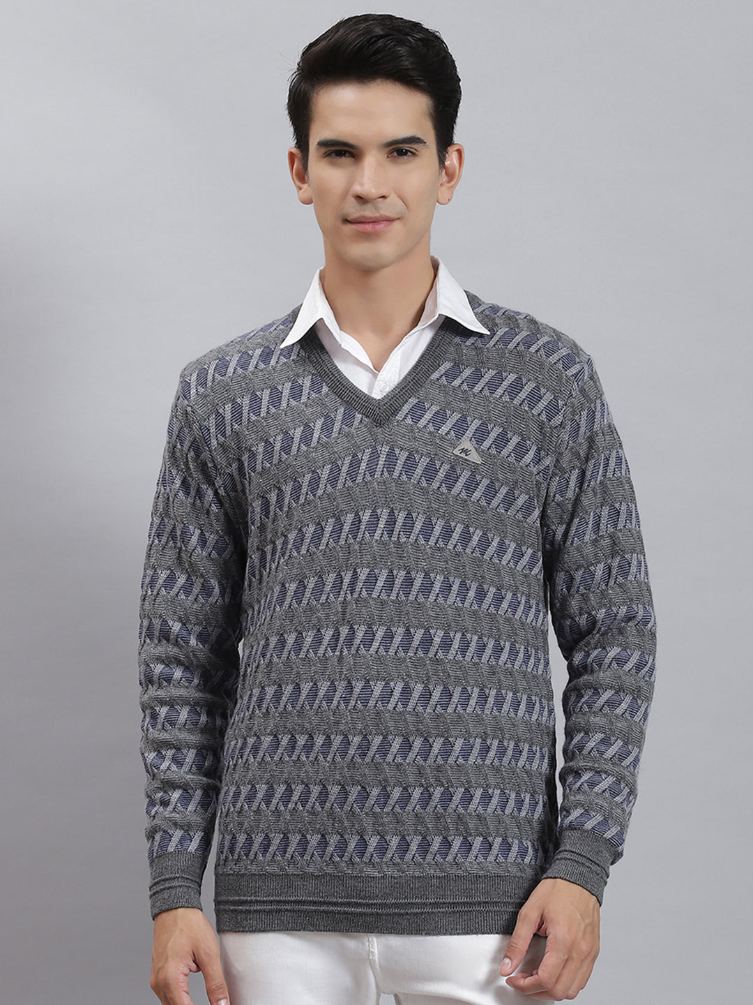 Men Grey Melange Self Design V Neck Full Sleeve Sweaters/Pullovers