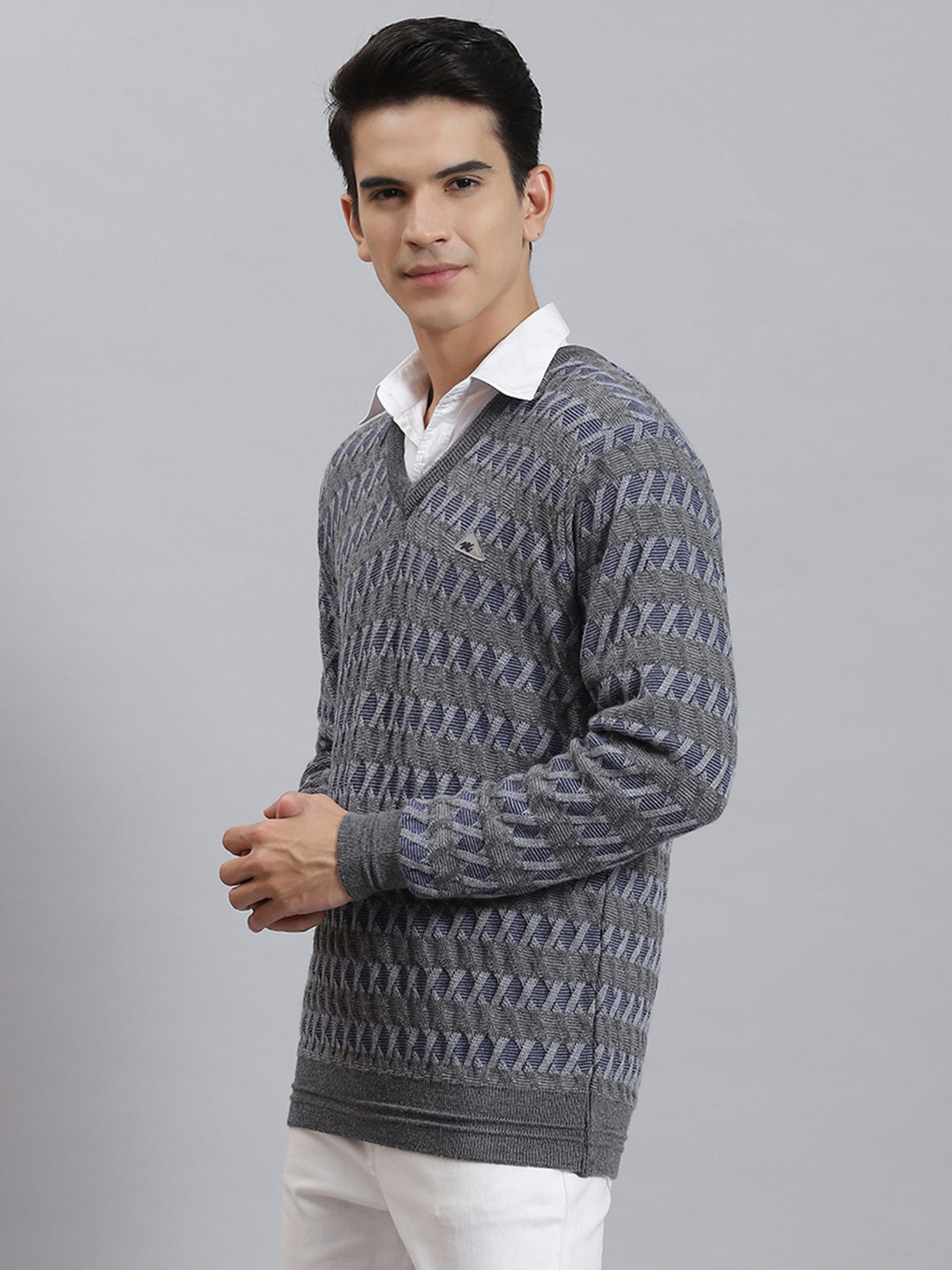 Men Grey Melange Self Design V Neck Full Sleeve Sweaters/Pullovers