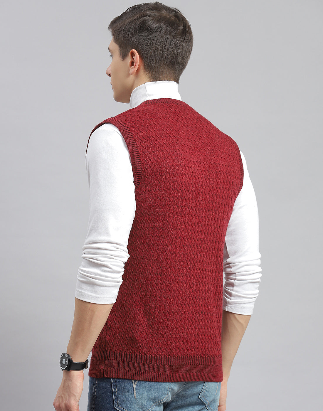 Men Maroon Self Design V Neck Sleeveless Sweater